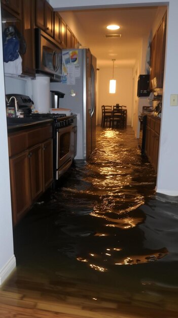 una cocina inundada con un fregadero y una estufa en ella