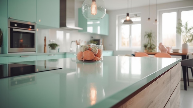 Una cocina con una isla de cocina verde con un recipiente de vidrio con naranjas.