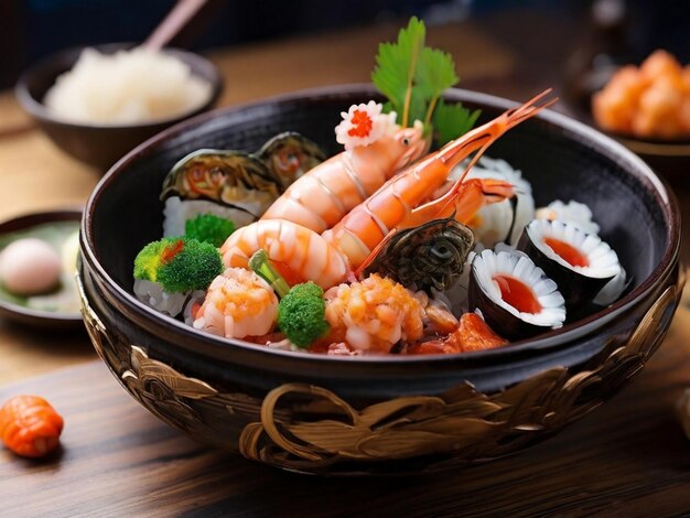 Cocina japonesa con mariscos frescos