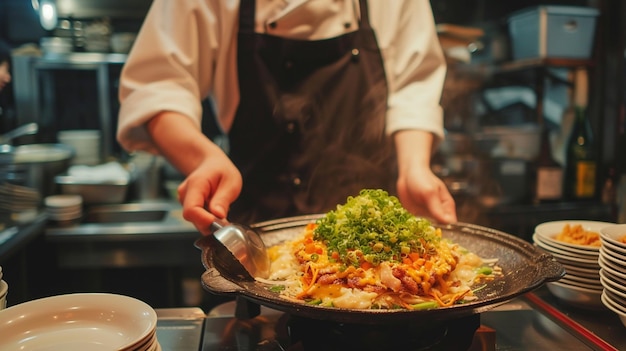 una cocina japonesa Okonomiyaki camarero sirviendo en movimiento en servicio en el restaurante El camarero lleva platos