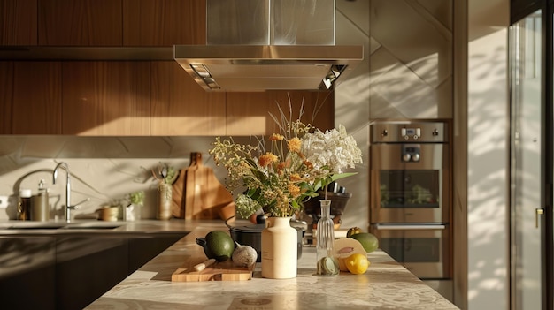 Una cocina con un jarrón de flores en el mostrador y un cuenco de frutas