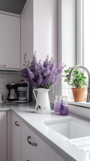 Una cocina con un jarrón de flores sobre un mostrador.