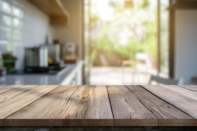 Cocina limpia y luminosa con una hermosa mesa de madera