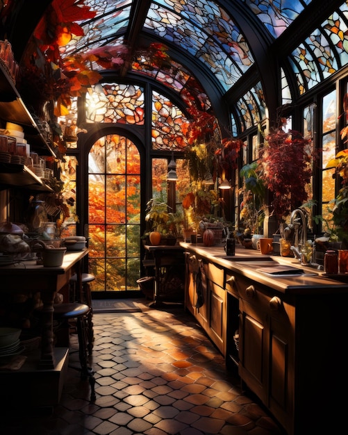 Una cocina llena de muchas ventanas y muchas plantas en maceta