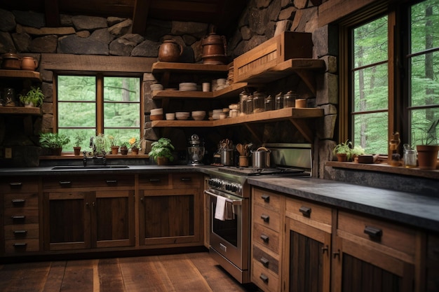 Una cocina llena de muchos armarios de madera y un horno de estufa