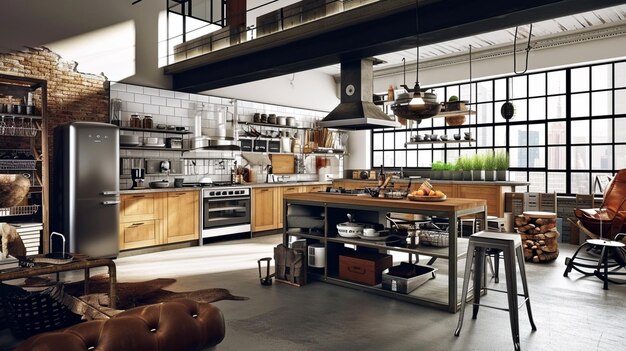 Cocina en loft estilo industrial Ai Generative