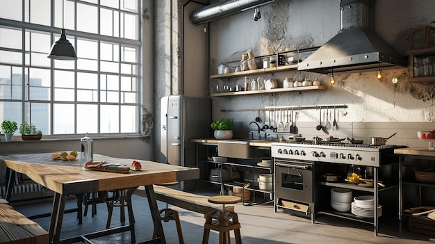 Cocina en loft estilo industrial Ai Generative