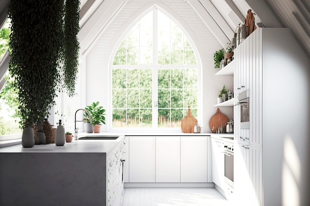 Cocina de loft vacía blanca con ventana grande con vista al jardín