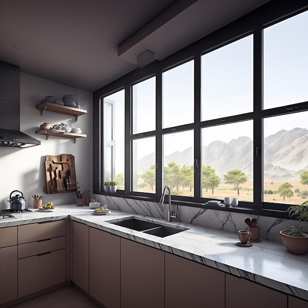 Una cocina luminosa y espaciosa con una gran ventana y un fregadero moderno