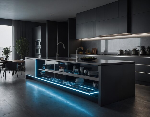 una cocina con una luz azul que dice Imagina una maqueta de cocina futurista con una aplicación de alta tecnología azul