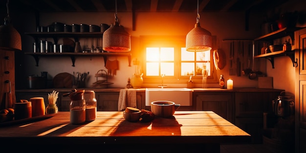 Una cocina con una luz encendida al fondo.