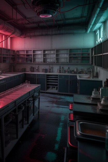 una cocina con una luz roja y una luz verde