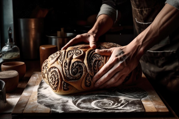 Cocina con manos de panaderos que dan forma a la hogaza de pan en un remolino decorativo creado con ai generativo