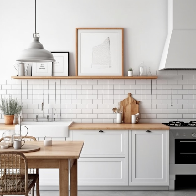 Una cocina con marco y una planta en la pared.