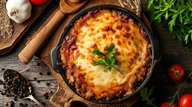 Cocina mediterránea Moussaka muy de cerca vista de arriba