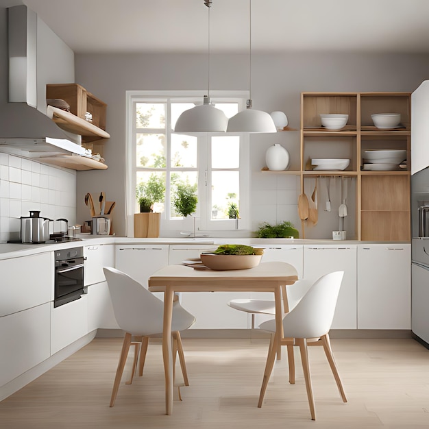 una cocina con una mesa blanca y de madera y sillas y una mesa con sillas y un ventana