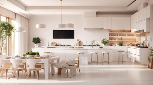 una cocina con una mesa blanca y sillas y un televisor