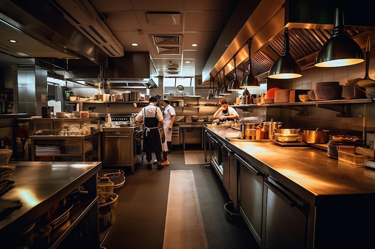 Una cocina con una mesa de chef y un hombre con un delantal blanco.