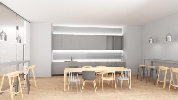 La cocina y la mesa de comedor están decoradas con un estilo moderno. Representación 3d.