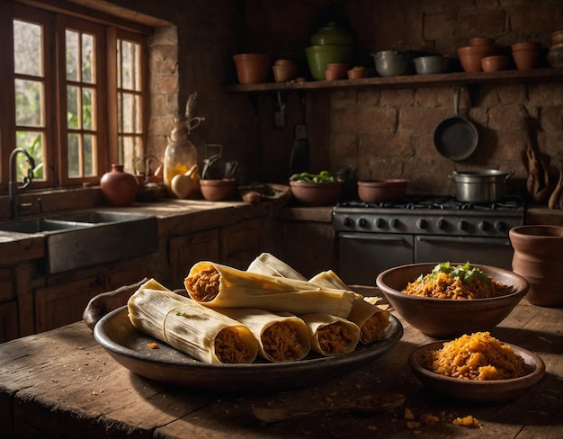 una cocina con una mesa con comida y una sartén de arroz