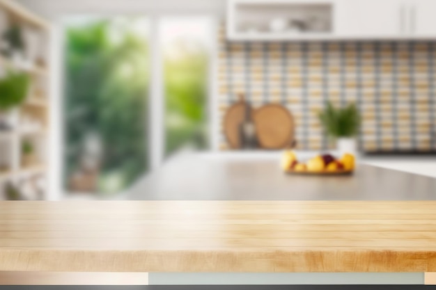 Cocina mesa de madera y cocina fondo borroso estilo interior escandinavo