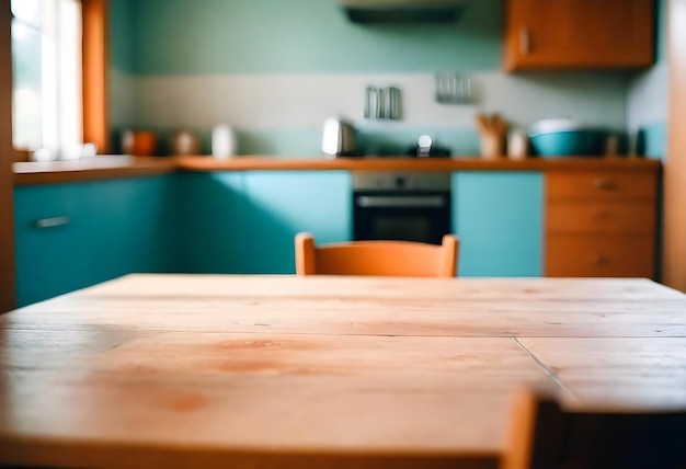 Foto una cocina con una mesa de madera y una estufa negra