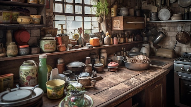 Una cocina con una mesa de madera y ollas de comida encima.