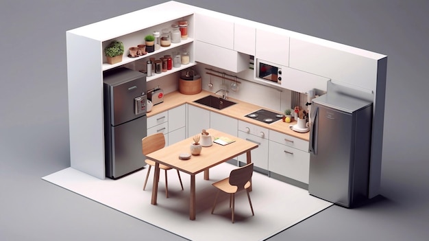 Una cocina con una mesa y un refrigerador.