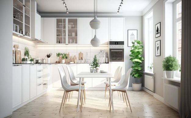 Una cocina con una mesa y sillas blancas y una planta verde en la pared.