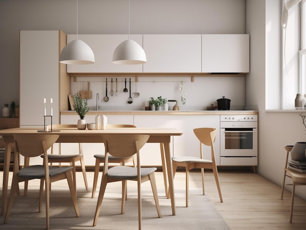 Una cocina con mesa y sillas y horno de pared.