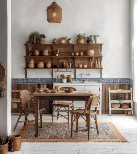 Una cocina con una mesa y sillas de madera y un estante con macetas y plantas.