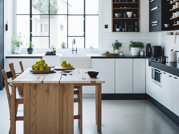 Una cocina con una mesa y sillas de madera con una ventana negra detrás.