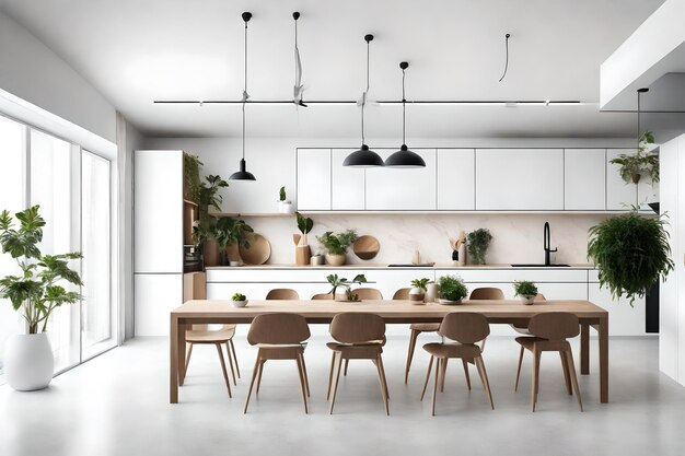 una cocina con una mesa y sillas y una mesa con plantas en ella