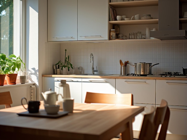 una cocina con mesa, sillas y ollas sobre la mesa