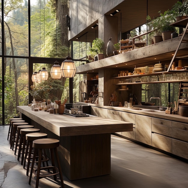 una cocina con una mesa y sillas y una pared de ventanas