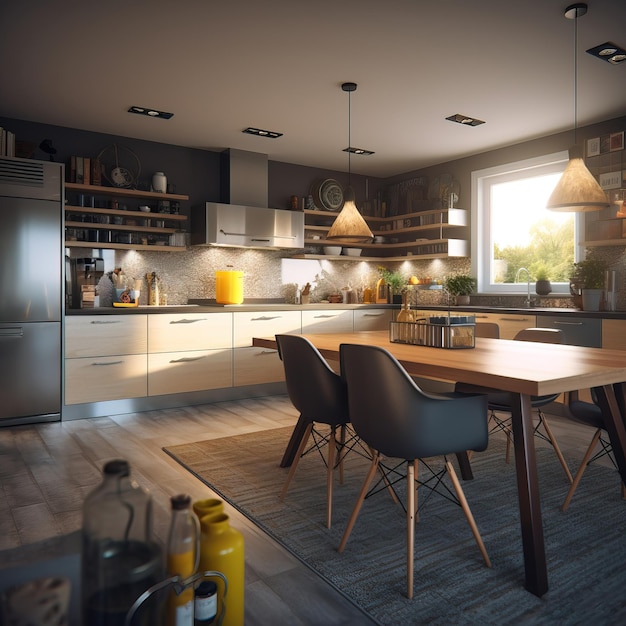 Una cocina con una mesa y sillas y un refrigerador.