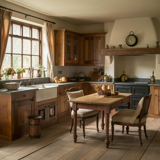 una cocina con una mesa y sillas y un reloj en la pared