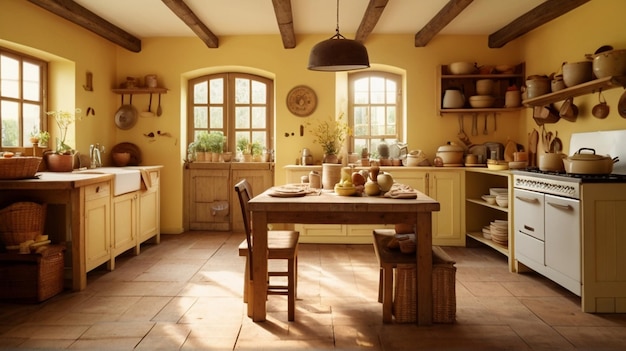 una cocina con una mesa y sillas y un reloj en la pared