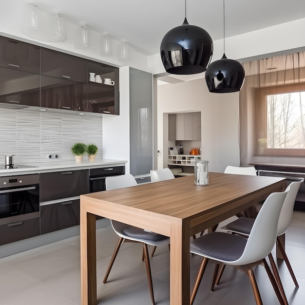 Una cocina con mesa y sillas y un tapiz con una planta encima.