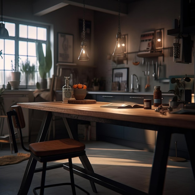 Una cocina con mesa y sillas y una ventana con una planta.