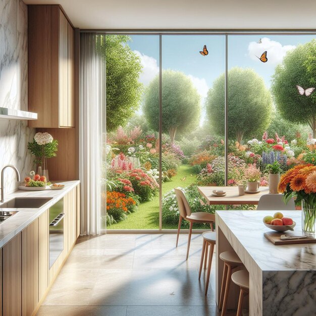 Foto una cocina con una mesa y sillas y una vista de un jardín