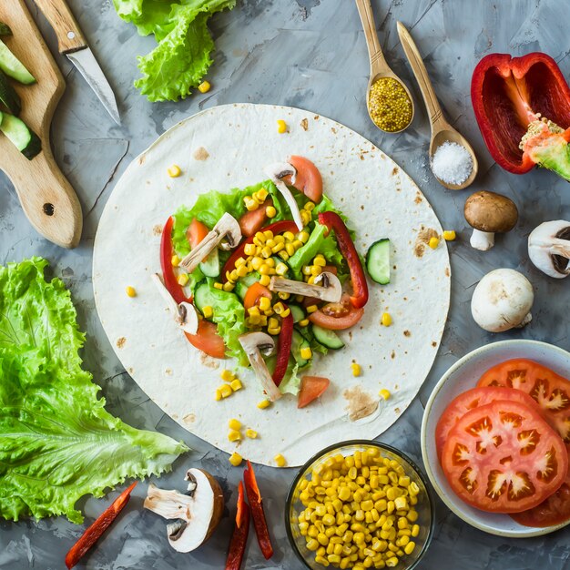 Cocina mexicana de burrito vegano - verduras y champiñones en tortillas