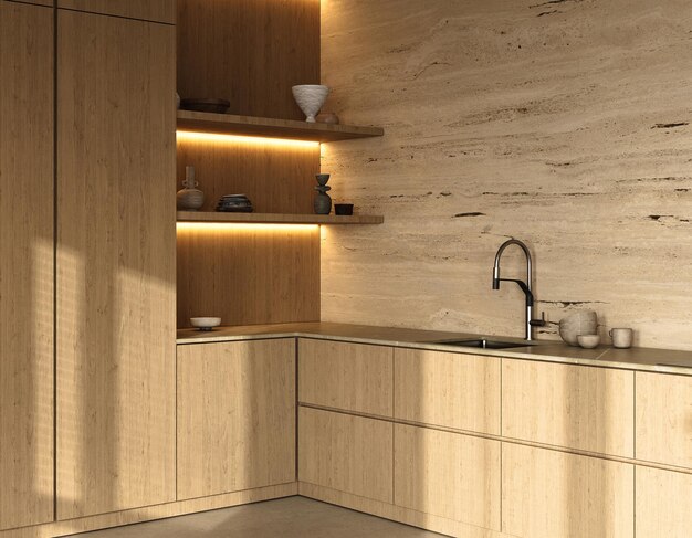 Cocina minimalista con acabados de madera cálida y iluminación ambiental