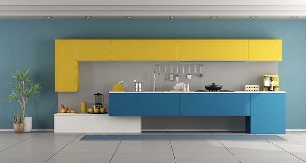 Cocina minimalista azul y amarilla