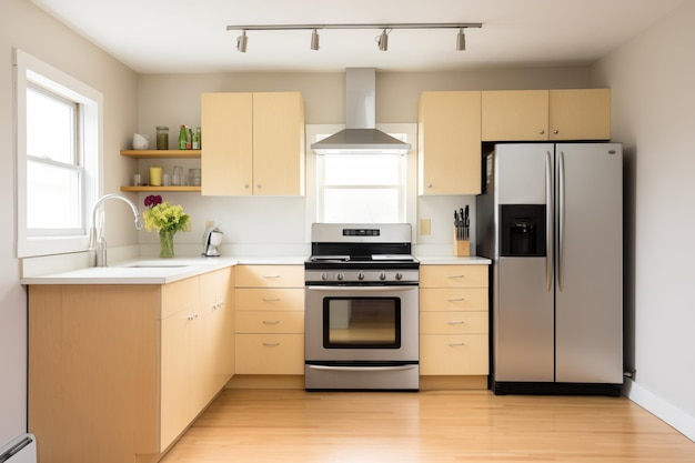 Cocina minimalista en una casa de sal con electrodomésticos de acero inoxidable