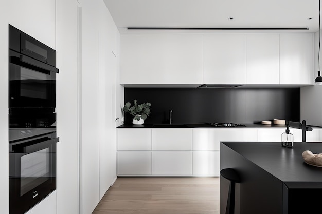 Cocina minimalista con elegantes electrodomésticos negros y gabinetes blancos