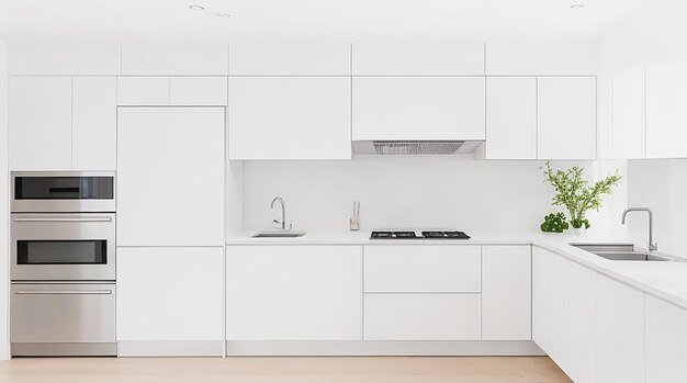 Foto una cocina minimalista moderna con electrodomésticos elegantes de acero inoxidable y una encimera blanca brillante