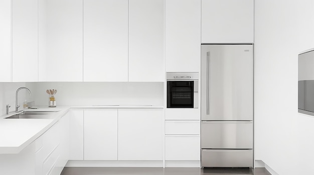 Una cocina minimalista moderna con electrodomésticos elegantes de acero inoxidable y una encimera blanca brillante