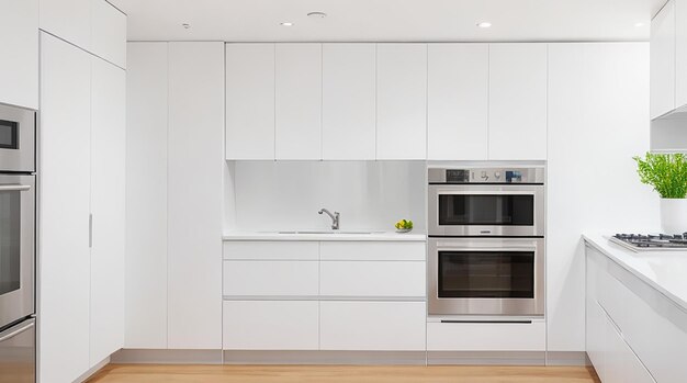 Una cocina minimalista moderna con electrodomésticos elegantes de acero inoxidable y una encimera blanca brillante