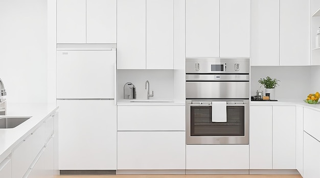 Una cocina minimalista moderna con electrodomésticos elegantes de acero inoxidable y una encimera blanca brillante